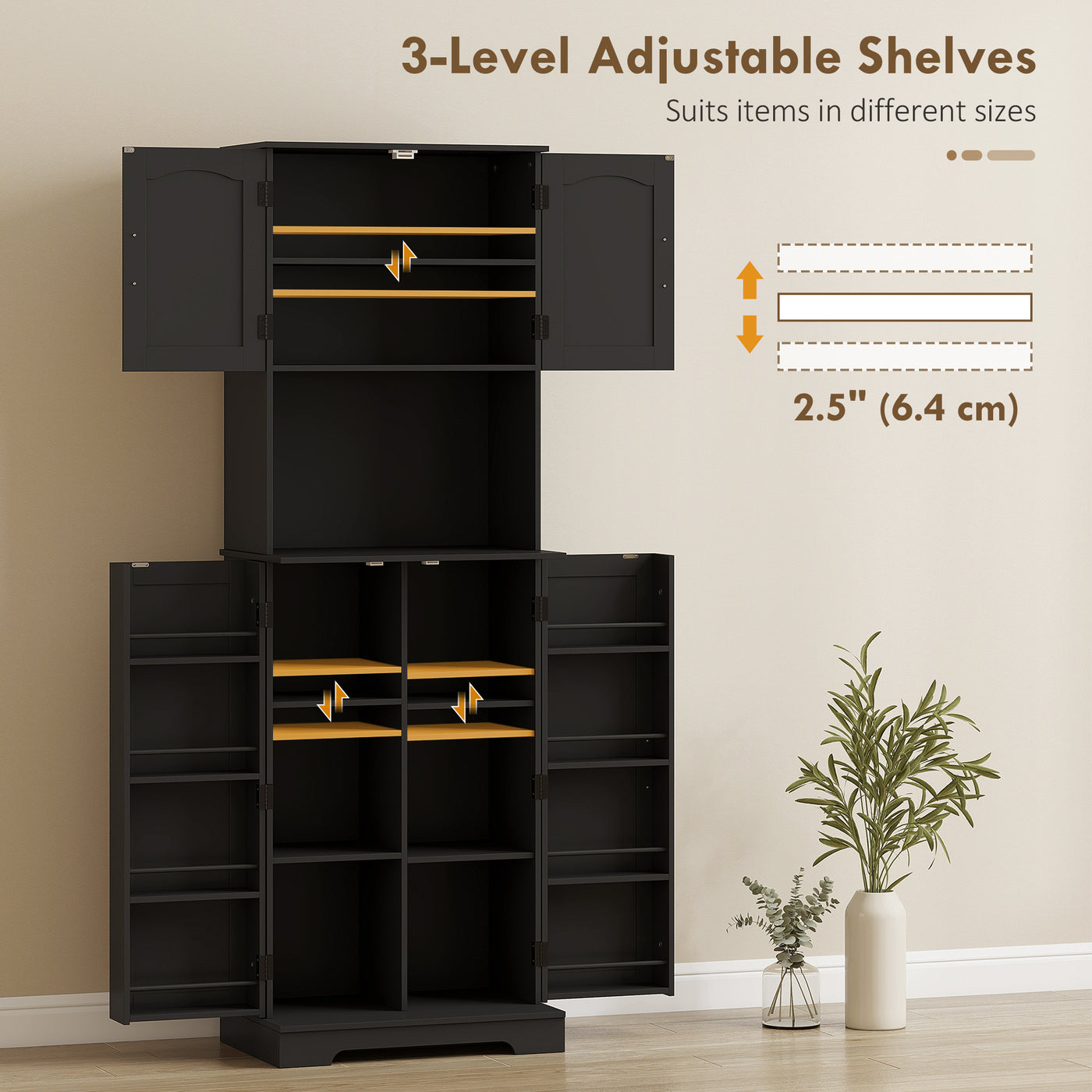 71.5" Tall Pantry Cabinet, Farmhouse Kitchen Storage Cabinet with Adjustable Shelves, 8 Door Spice Racks, Black