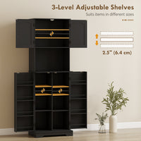 71.5" Tall Pantry Cabinet, Farmhouse Kitchen Storage Cabinet with Adjustable Shelves, 8 Door Spice Racks, Black