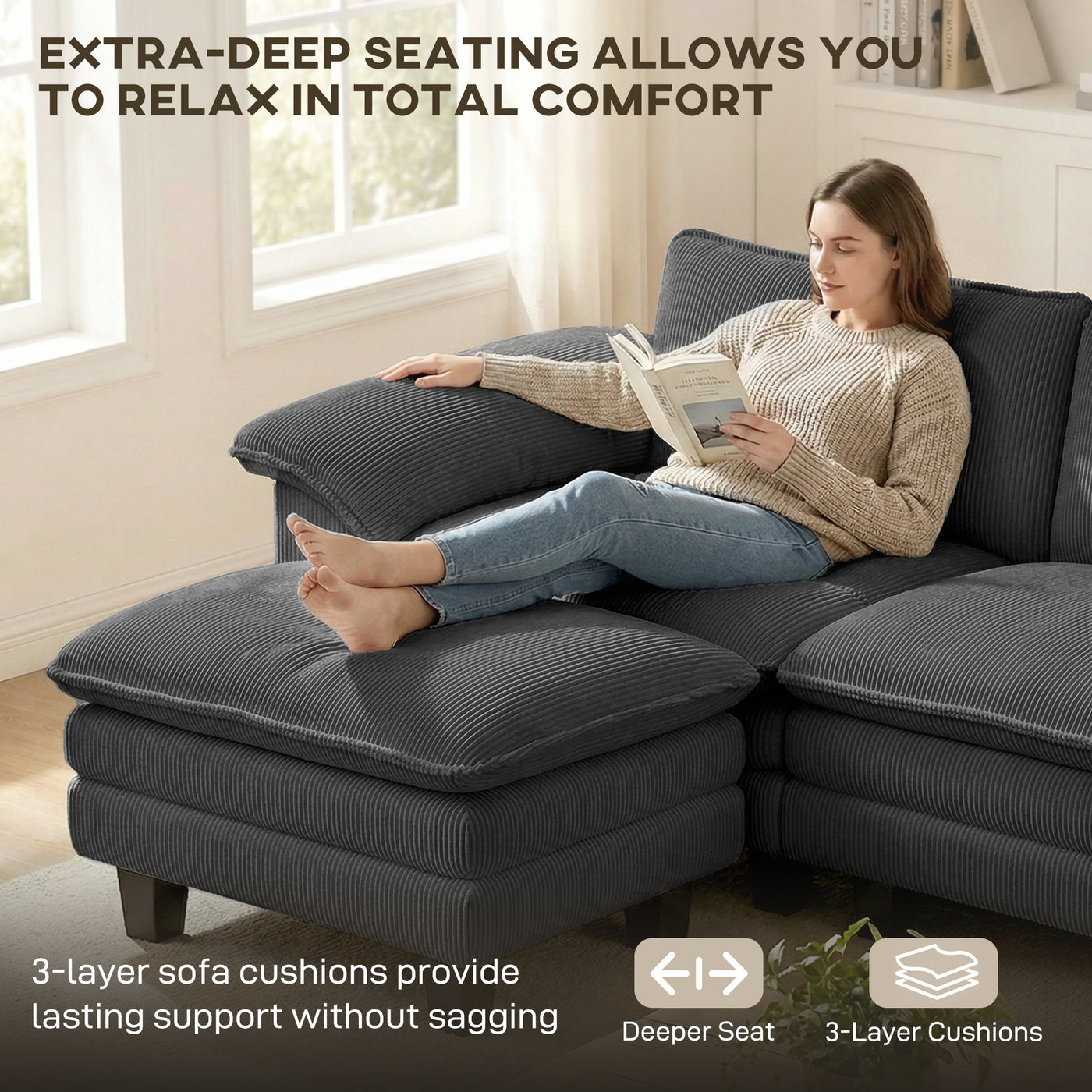 Sectional Sofa, L Shaped Sofa with Deep Seat, Movable Ottoman and Pillow-top Armrests, Dark Grey