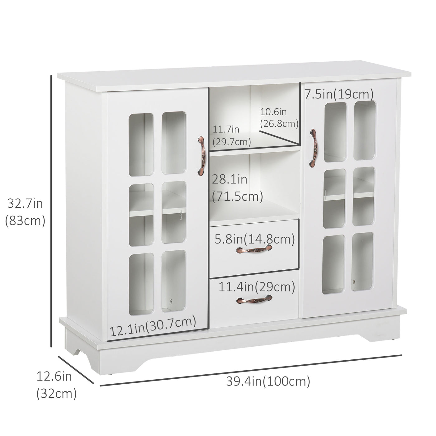 Modern Kitchen Sideboard with 2 Drawers, Coffee Bar Cabinet with Glass Doors Storage Cupboard and Open Shelf, White