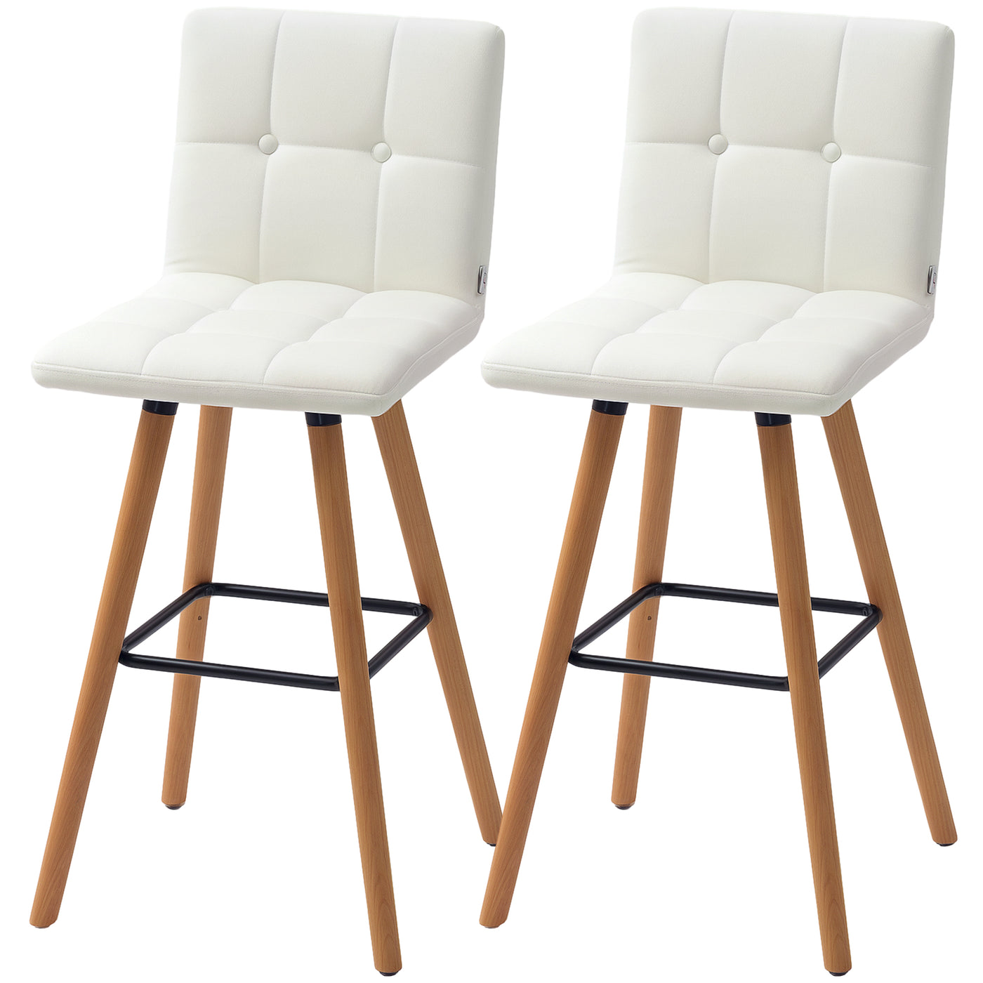 Modern Bar Stools Set of 2, 38" Upholstered Kitchen Island Stool with Solid Wood Legs, White