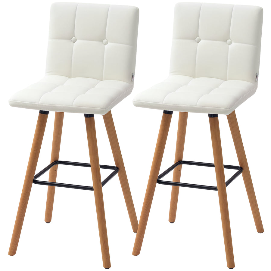 Modern Bar Stools Set of 2, 38" Upholstered Kitchen Island Stool with Solid Wood Legs, White