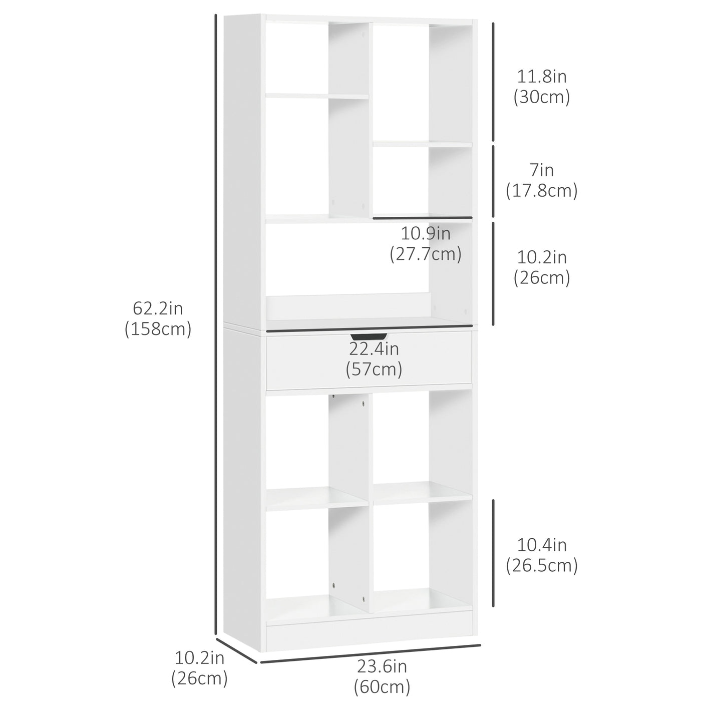 Tall Bookshelf with Drawer, Freestanding Bookcase for Bedroom, Living Room, Home Office, White