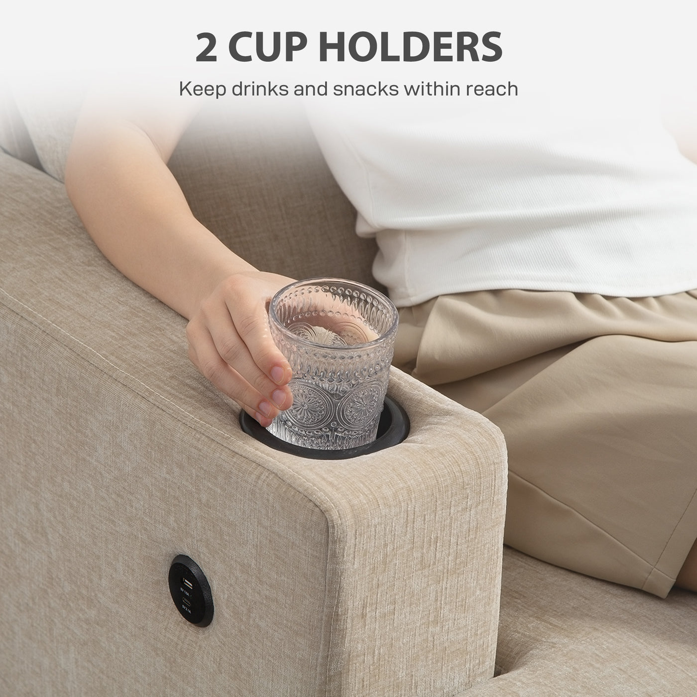 3 Seater Sofa with USB Ports & Cup Holders, Chenille-Feel Upholstered Couch for Living Room, Light Brown