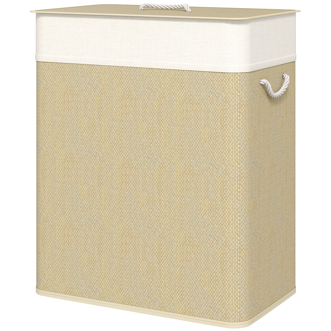 Double Laundry Basket with Lid, 100L Bamboo Laundry Hamper with Rope Handles and Removable Bags, Natural