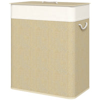 Double Laundry Basket with Lid, 100L Bamboo Laundry Hamper with Rope Handles and Removable Bags, Natural