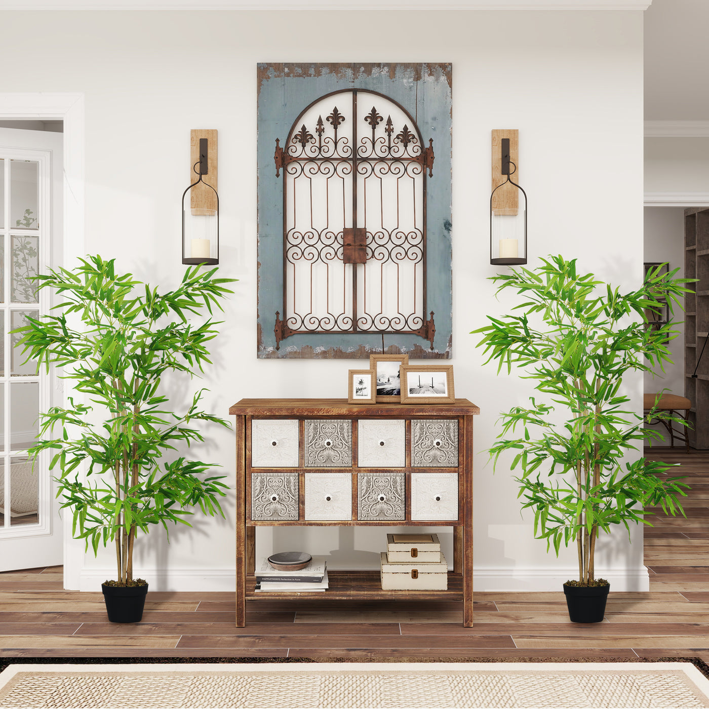 Artificial Bamboo Tree Set of 2, 5ft Fake Tree with Realistic Leaf and Natural Trunk, Decorative Plant in Nursery