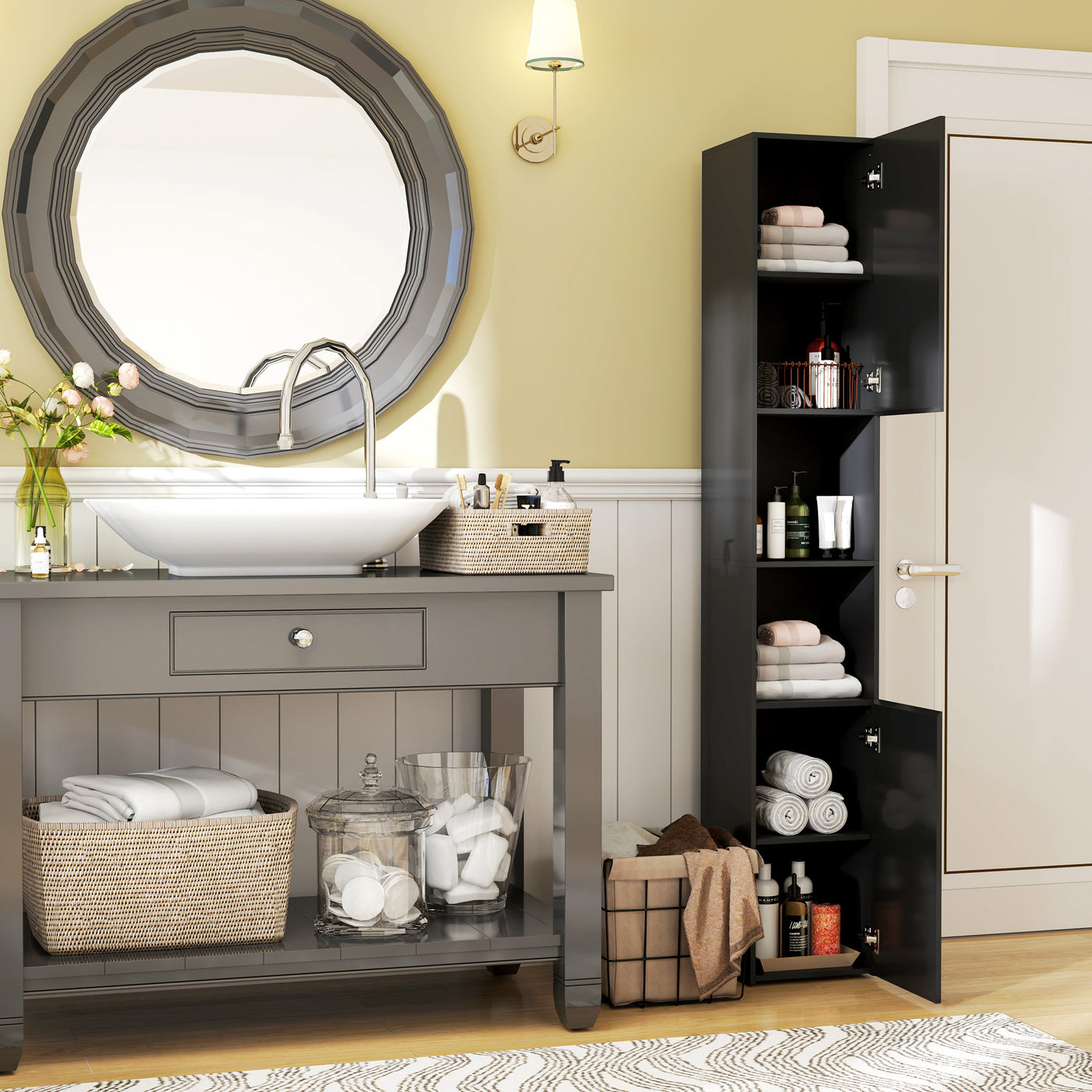 Tall Bathroom Cabinet, High Gloss Storage Cabinet with Doors and Adjustable Shelves, 11.8" x 11.8" x 71.5", Black