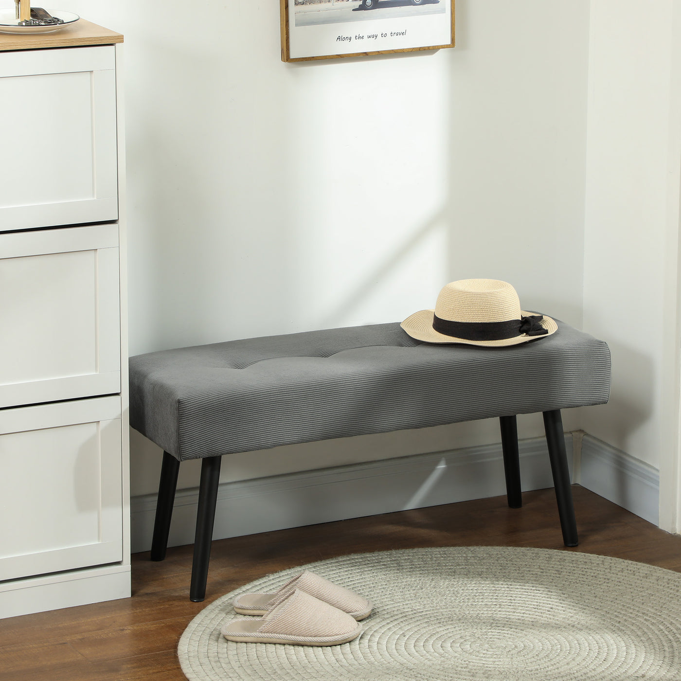39" Upholstered Ottoman Bench, Corduroy Entryway Bedroom Bench with Padded Seat and Steel Legs for Bedroom, Grey