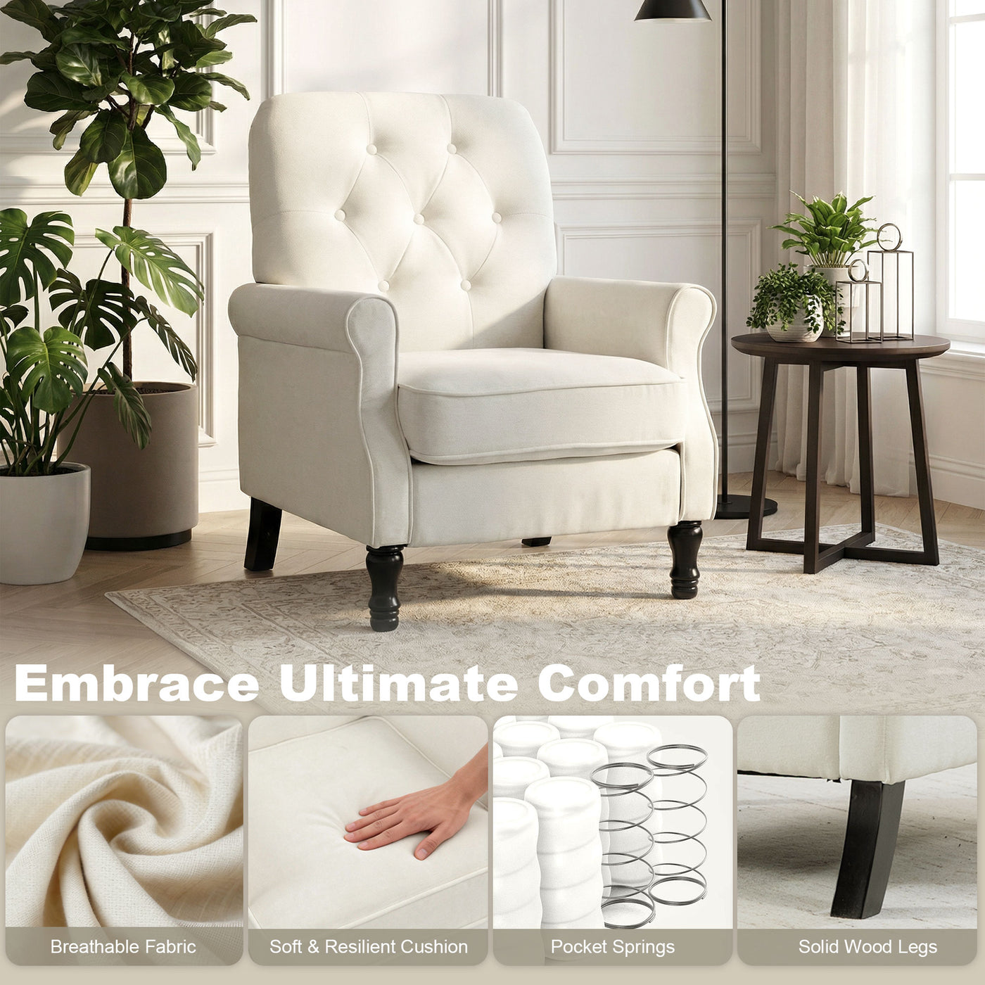 Accent Chair, Mid-Century Modern Armchair with Thick Padded Seat, Spring Cushion, Solid Wood Legs, Cream White