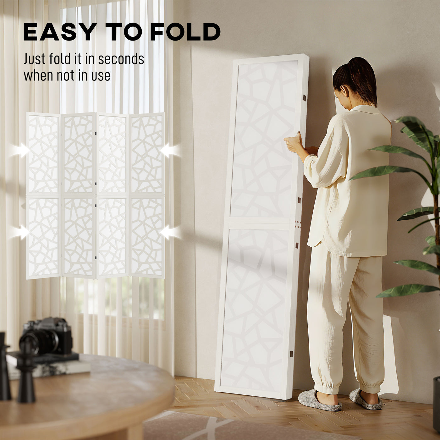 4 Panel Room Divider, 5.6 FT Lightweight Folding Privacy Screen with Geometric Pattern for Living Room, Bedroom, White