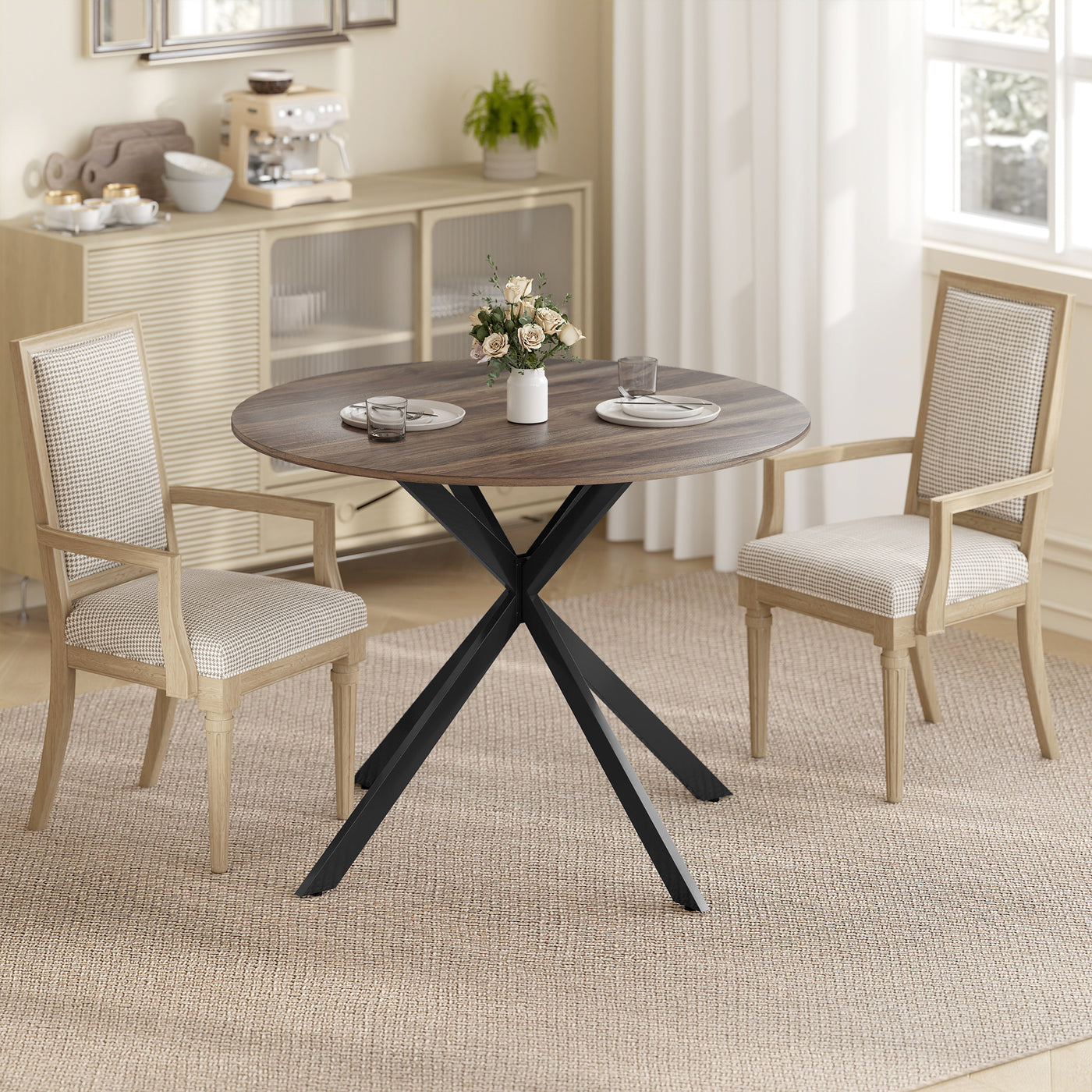 40" Round Kitchen Table for 4, Industrial Dining Table with Steel Legs for Dining Room, Distressed Brown