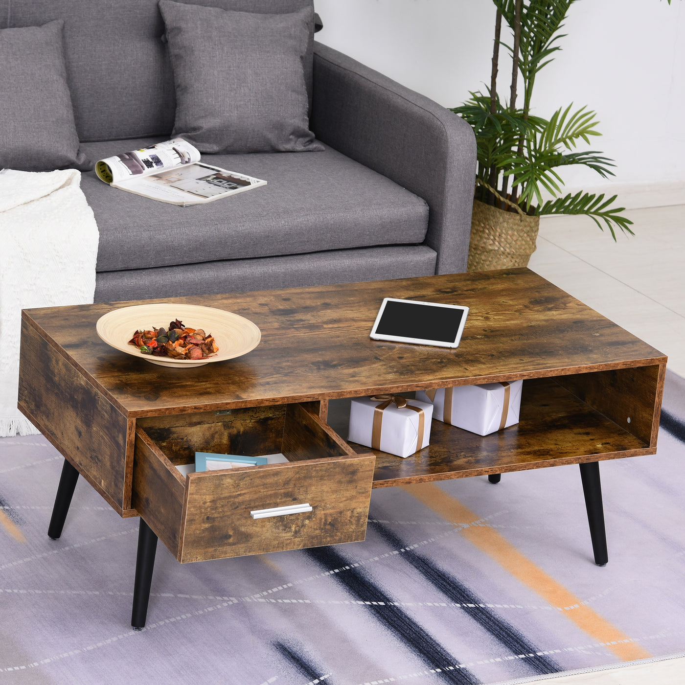 Retro Coffee Table with Storage Shelf and Drawer for Living Room, Vintage Wooden Sofa Side Table, Rustic Brown