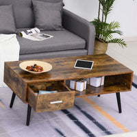 Retro Coffee Table with Storage Shelf and Drawer for Living Room, Vintage Wooden Sofa Side Table, Rustic Brown