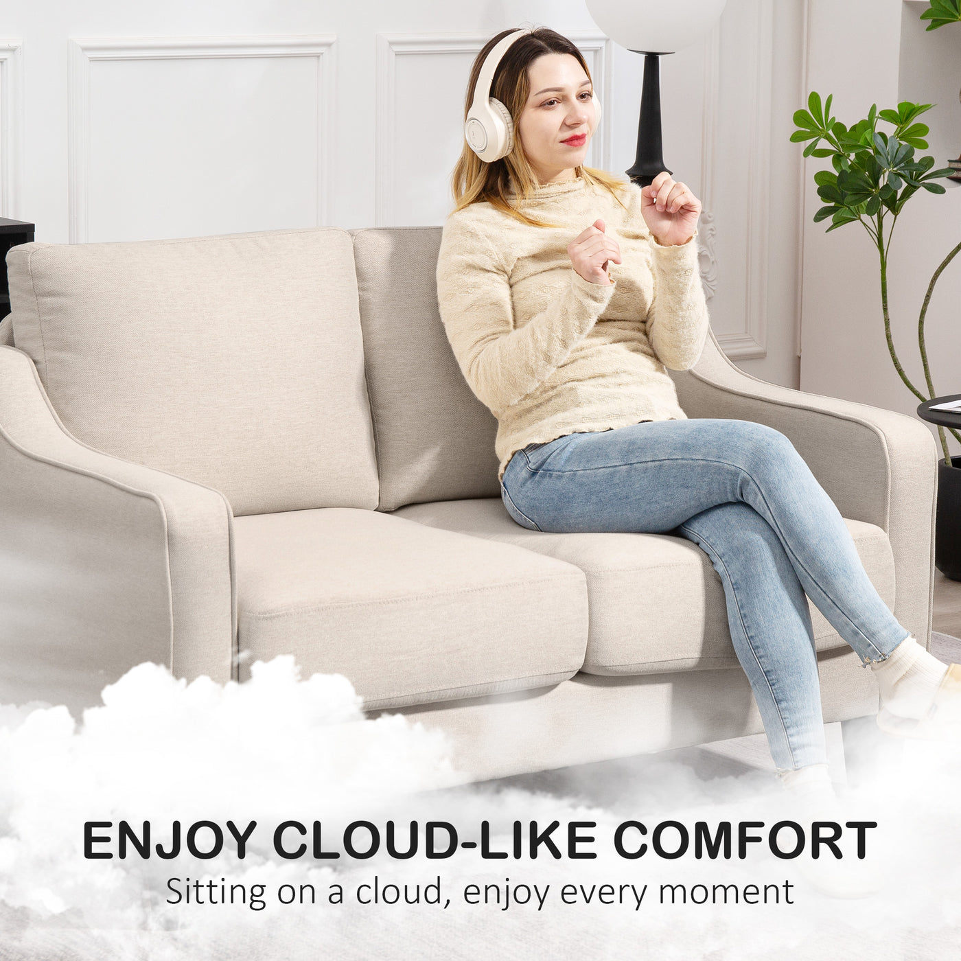Loveseat Sofa, Modern Couch with Pocket Spring, Linen Upholstered, Thick Padded, Beige