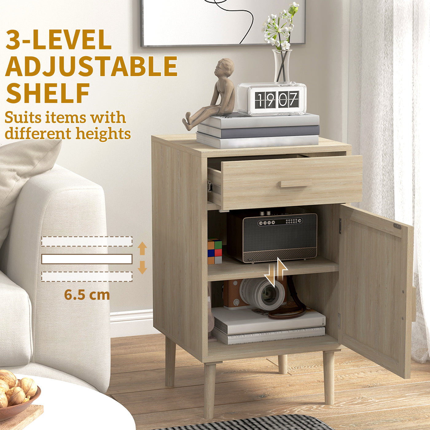 Boho Bedside Tables Set of 2, Nightstands with Drawer, Rattan Cabinet, Adjustable Shelf for Bedroom, Living Room, Oak