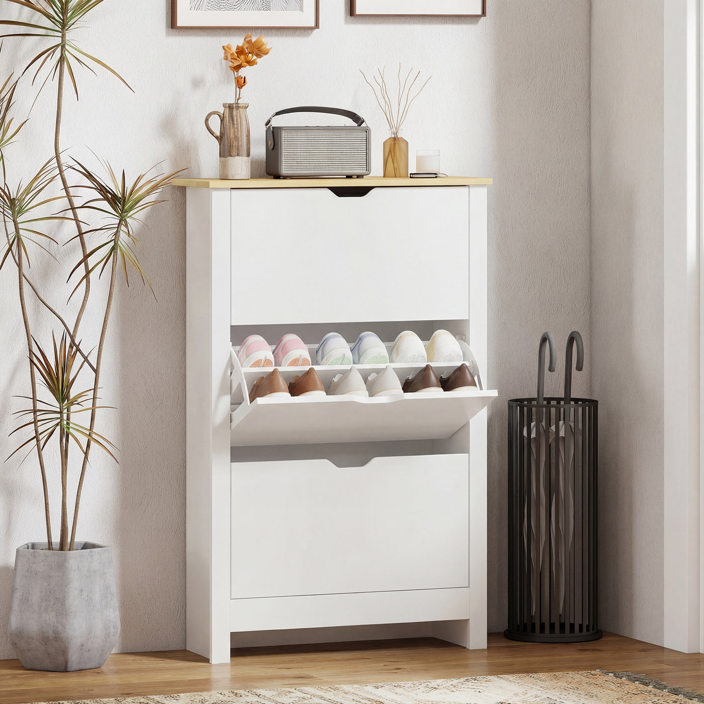 Shoe Storage Cabinet with 3 Flip Drawers and Adjustable Shelves for 9-18 Pairs of Shoes, White