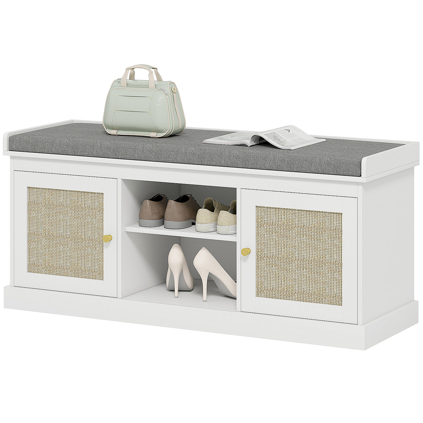 Shoe Bench with Padded Cushion, Boho Entryway Bench with Rattan Doors and Adjustable Shelves, Holds 9 Pairs, White