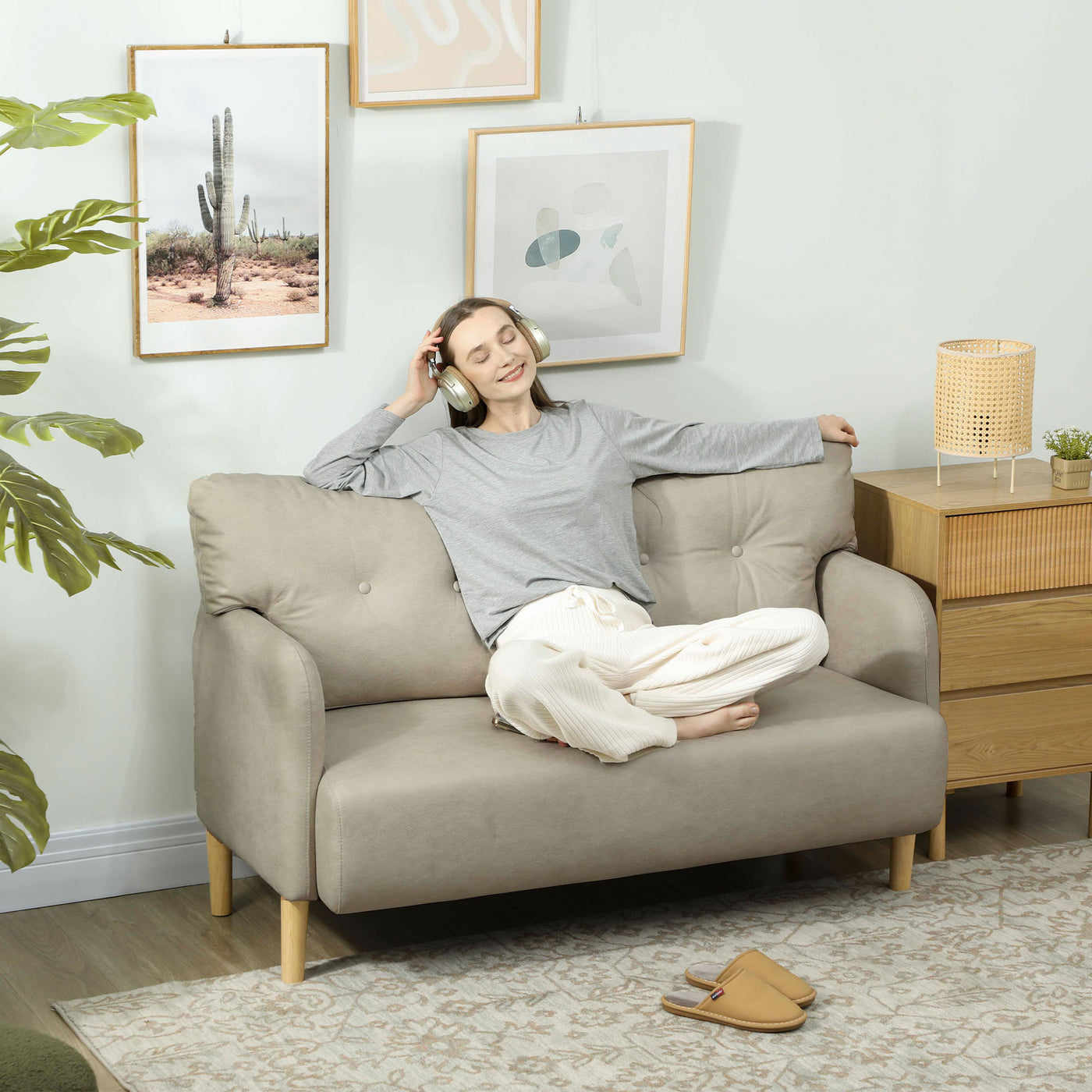 58" 2 Seat Sofa, Modern Love Seats Furniture, Upholstered 2 Seater Couch, Solid Wood Frame, Beige