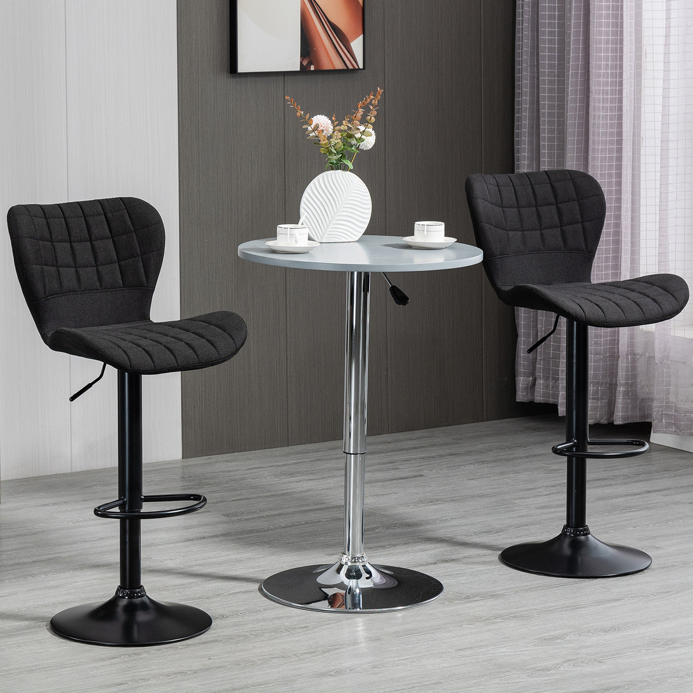 Bar Stools Set of 2, Adjustable Height Swivel Bar Chairs, Linen-feel Fabric Upholstered Kitchen Counter Stools with Wide Seat, Back and Footrest, Black