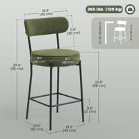 Set of 2 Barstools, Upholstered Corduroy Bar Stools with Backrest, Footrest for Kitchen Island, Dining Room, Green