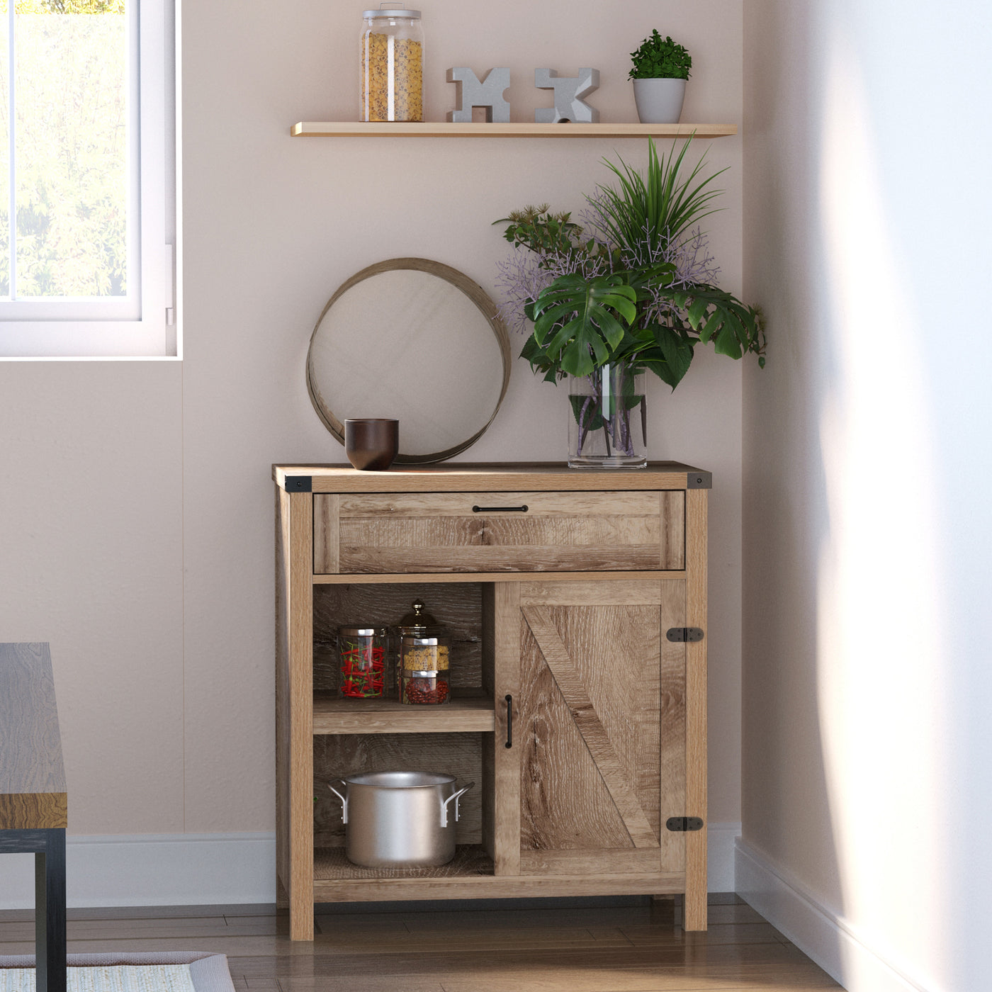 Rustic Barn Door Storage Cabinet Modern Farmhouse Buffet Sideboard for Kitchen and Dining Room, Light Oak