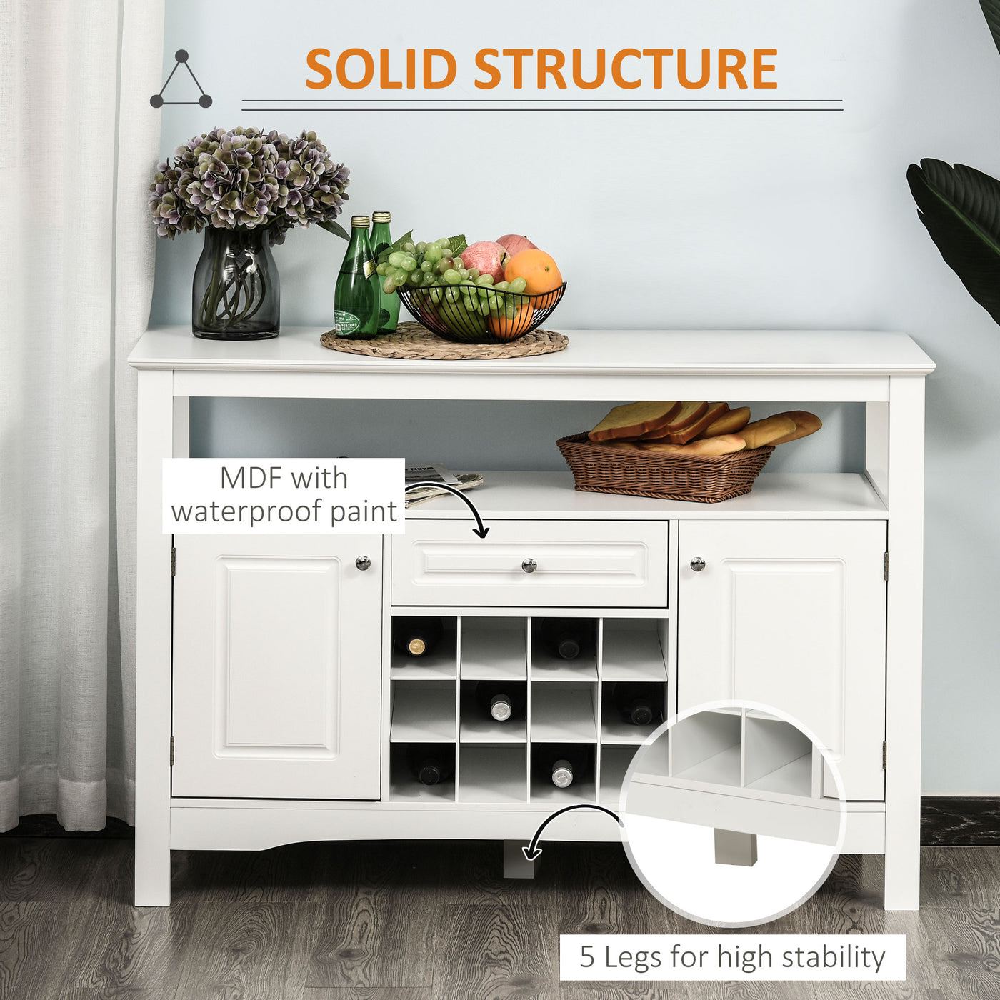 Modern Kitchen Buffet Bar Cabinet Storage Sideboard Dining Server with Drawer & 12-Bottle Wine Rack for Living Room, White
