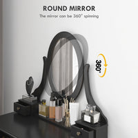 Vanity Desk with Stool, Makeup Vanity with 360° Rotating Oval Mirror, 5 Drawers and Padded Seat, Dressing Table for Bedroom, Black