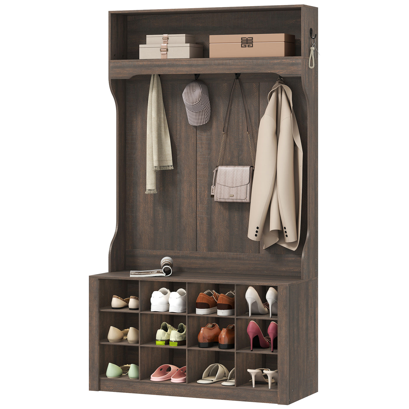 4-In-1 Hall Tree with Bench and Shoe Storage, Farmhouse Coat Rack Shoe Bench with 12 Shoe Cubbies, 6 Hooks, Dark Brown