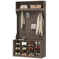 4-In-1 Hall Tree with Bench and Shoe Storage, Farmhouse Coat Rack Shoe Bench with 12 Shoe Cubbies, 6 Hooks, Dark Brown