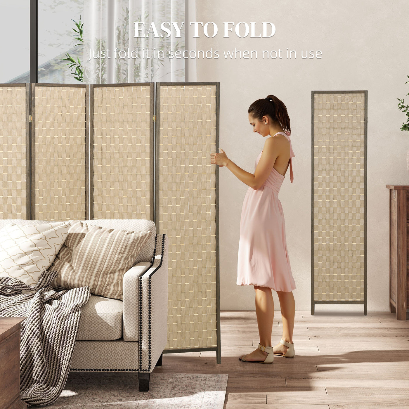 6 FT Room Divider, 6 Panel Folding Privacy Screen, Lightweight Handwoven Freestanding Partition for Home Office, Brown