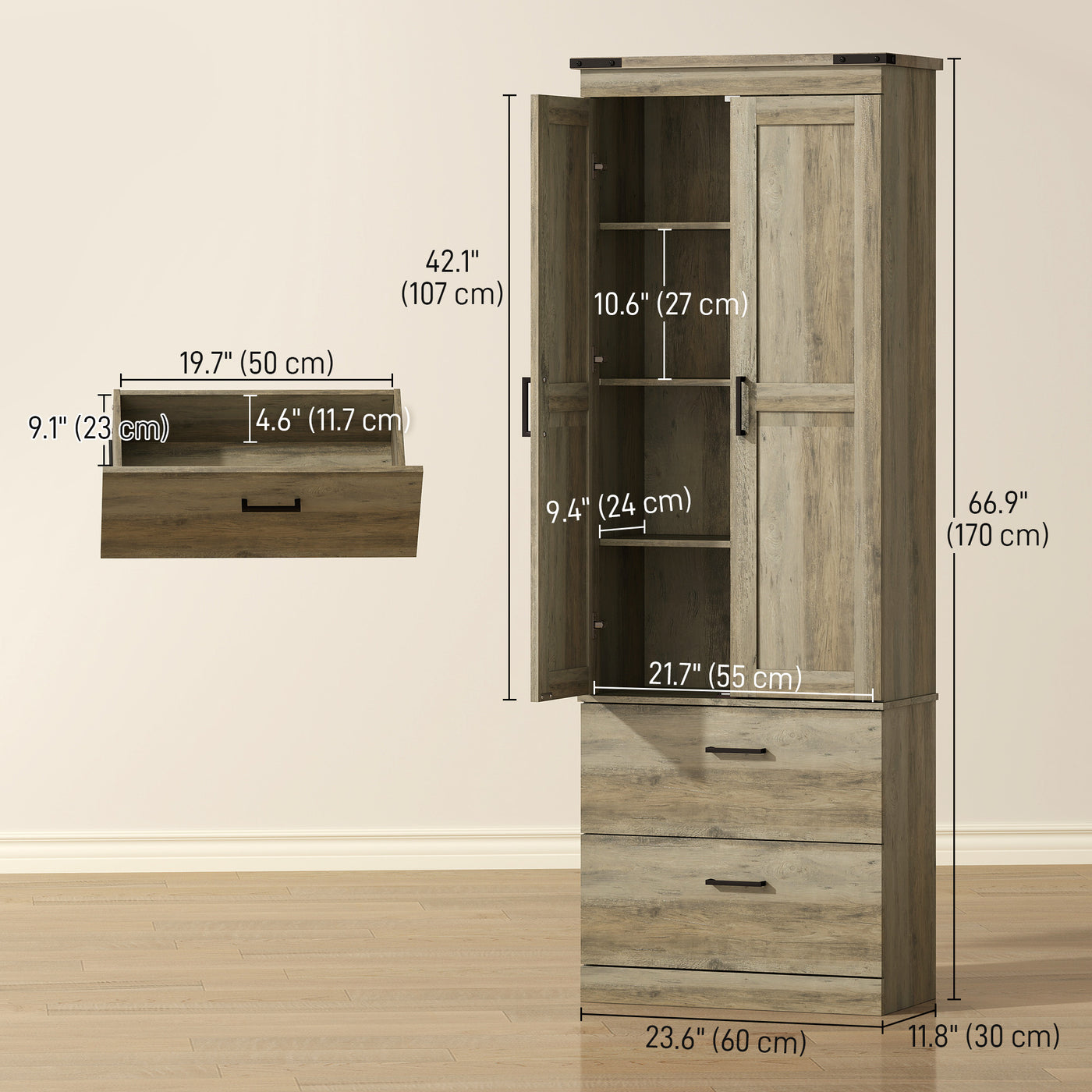67" Tall Kitchen Pantry Storage Cabinet, Kitchen Pantry Cabinet with Doors, Drawers and Adjustable Shelves, Light Ivory