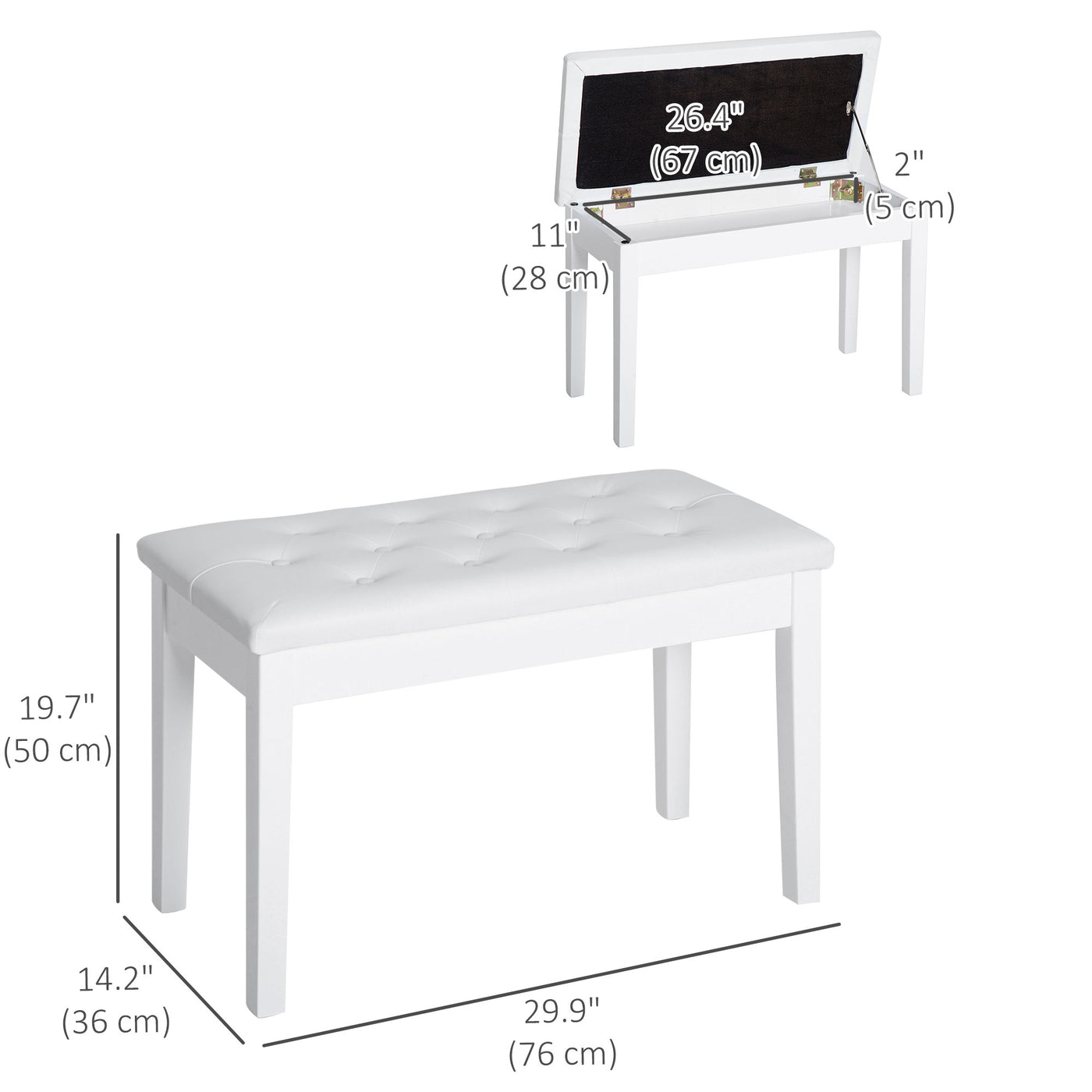 30" Piano Bench with Padded Cushion and Storage, Faux Leather Keyboard Bench with Solid Wood Legs, White