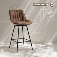 Set of 2 Counter Height Barstools, PU Leather Upholstered Bar Stools with Backrest, Footrest and Steel Legs, Brown
