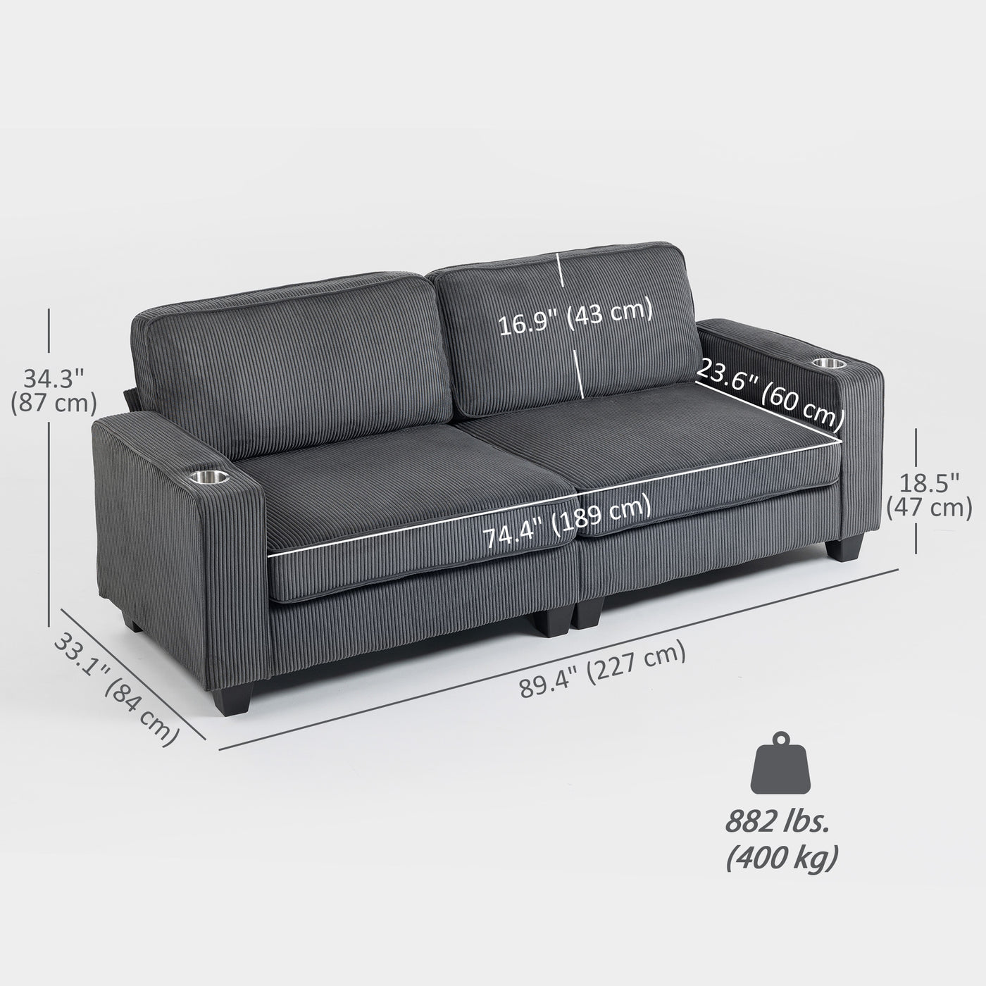 Three Seater Sofa, Fabric 3 Seater Couch with Spring Cushion and Cup Holders for Living Room, Bedroom, Dark Grey