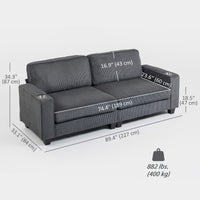 Three Seater Sofa, Fabric 3 Seater Couch with Spring Cushion and Cup Holders for Living Room, Bedroom, Dark Grey