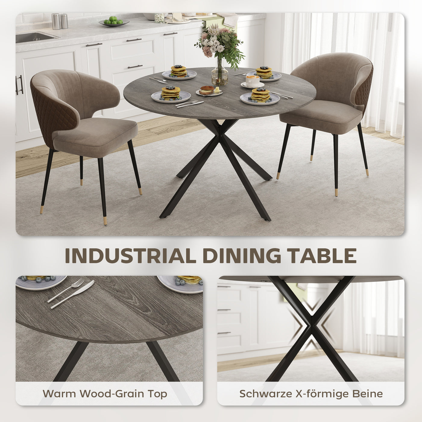 47" Round Kitchen Table for 4, Industrial Dining Table with Steel Legs for Dining Room, Grey Wood Grain and Black