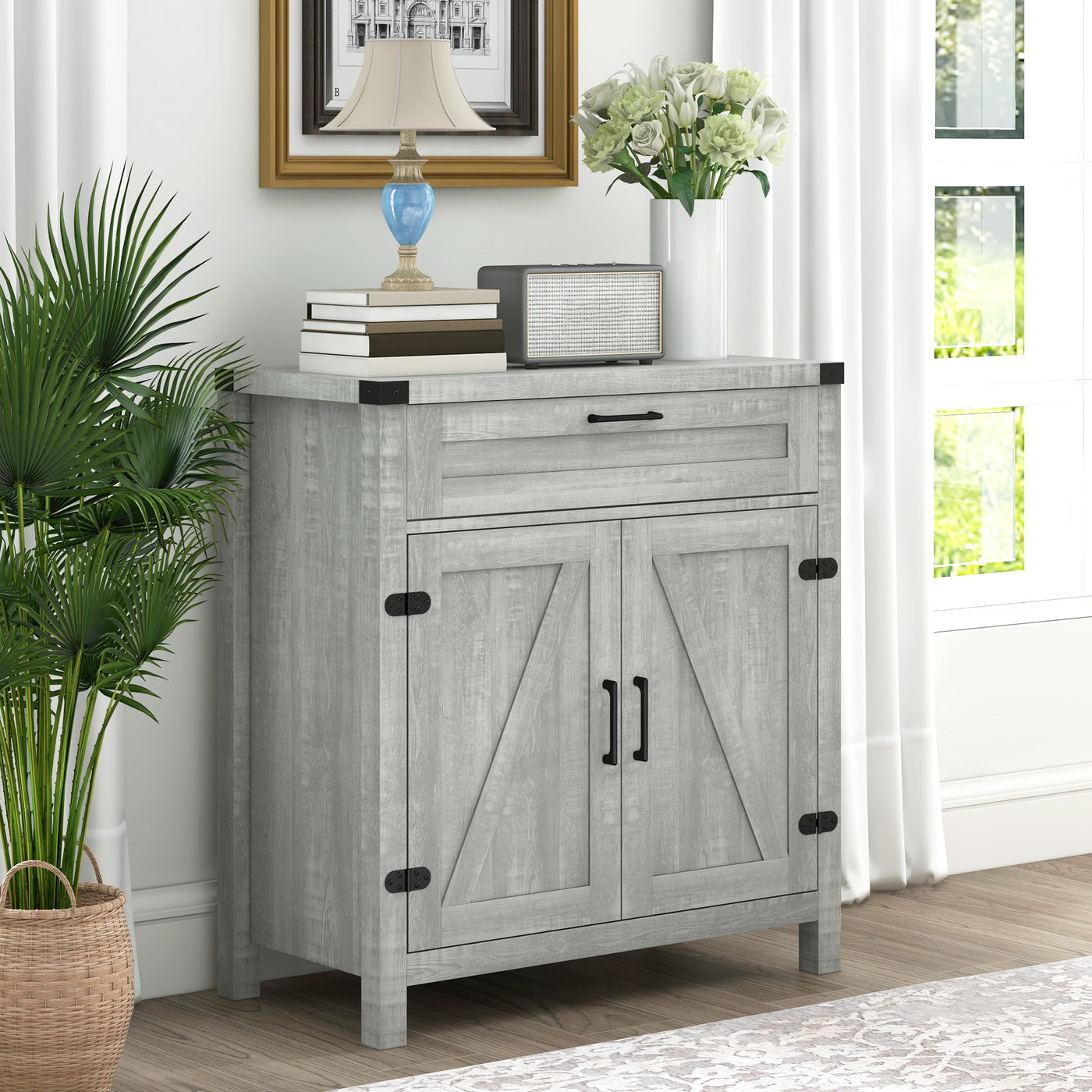 Farmhouse Kitchen Storage Cabinet, Sideboard Buffet Cabinet with 2 Rustic Barn Doors and Drawer, Grey