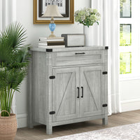 Farmhouse Kitchen Storage Cabinet, Sideboard Buffet Cabinet with 2 Rustic Barn Doors and Drawer, Grey