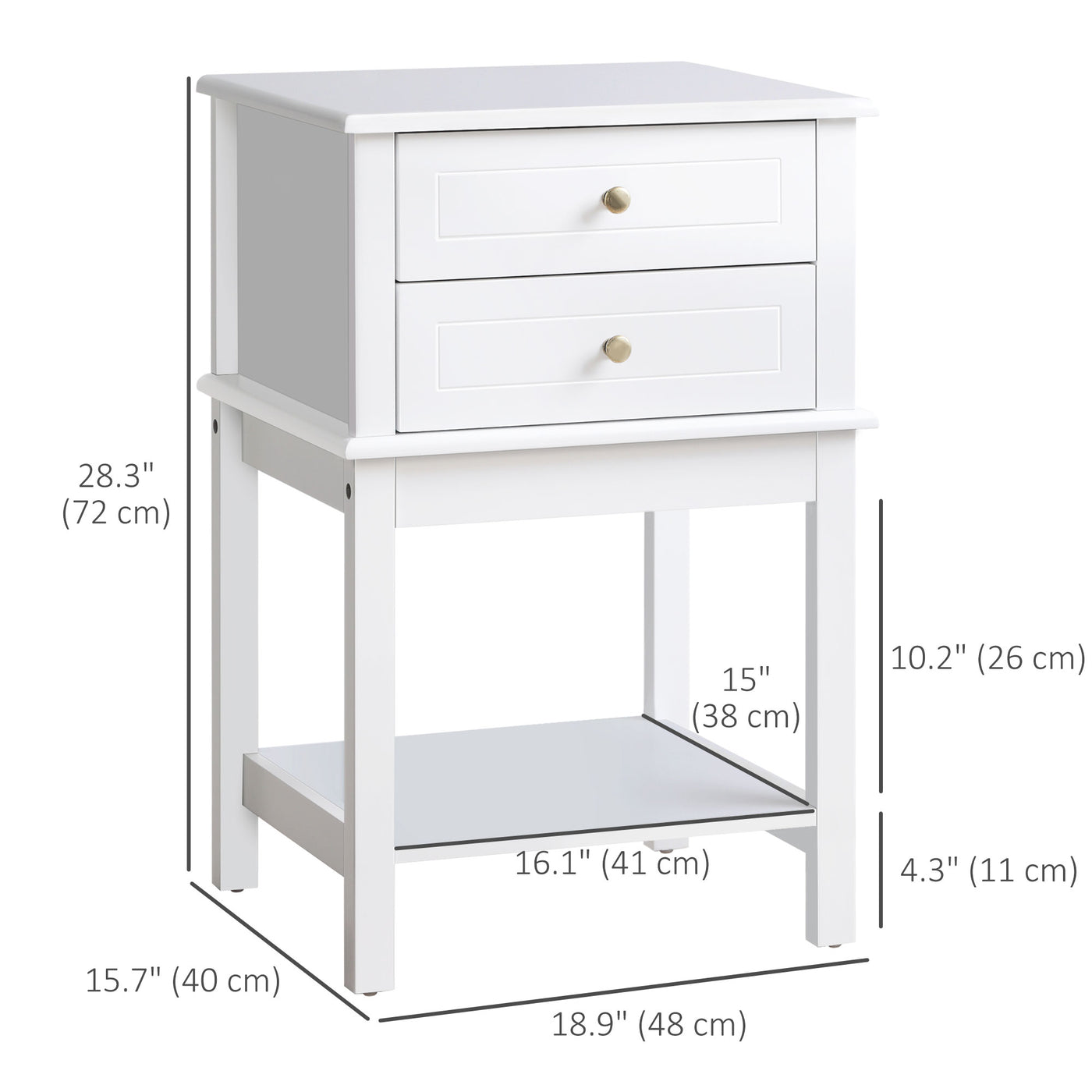Modern Sofa Side Table, Accent End Table with Drawers and Storage Shelf, Nightstand for Bedroom Living Room, White