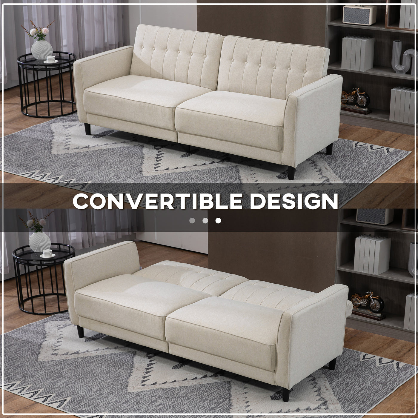 Convertible Bed with Couch, Button Tufted Fabric Sofa Bed with Adjustable Back for Living Room, Beige