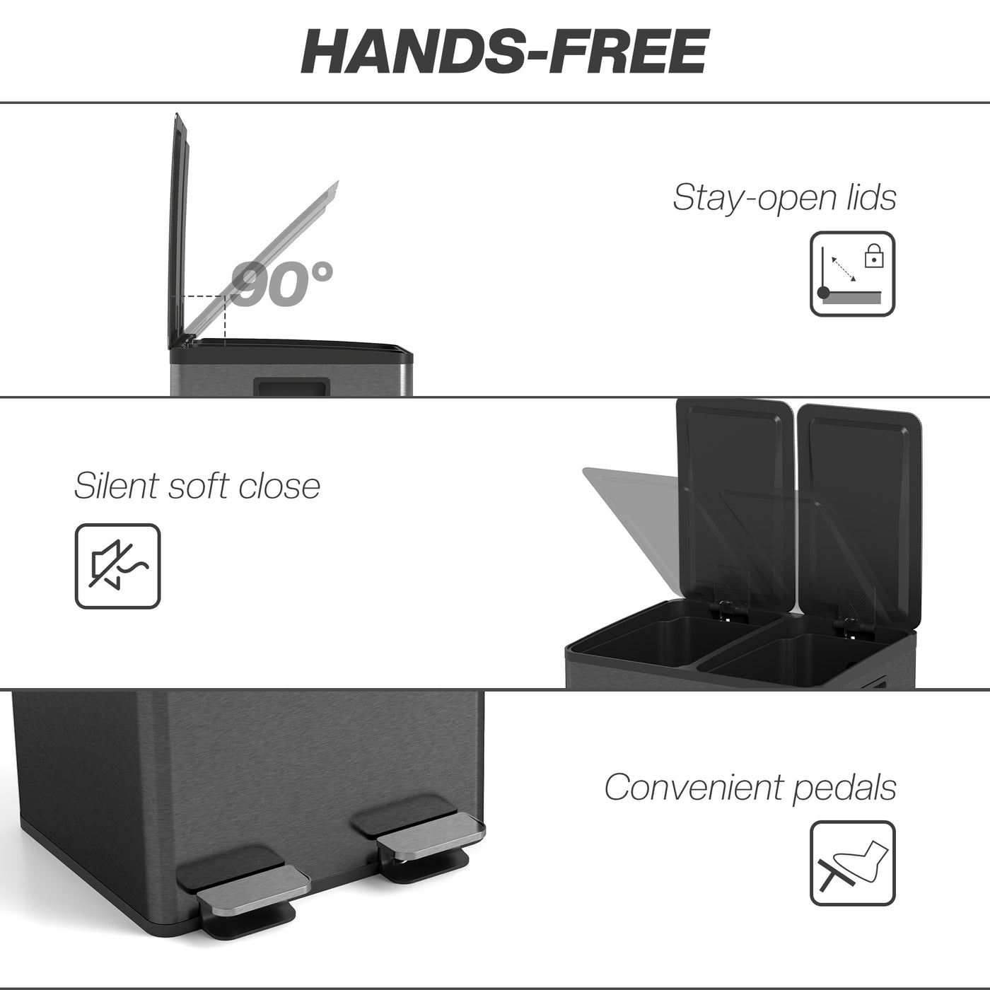 Garbage Bin, Soft-Close Trash Can with Foot Pedal, 2x5 Gallon (2x20 L) Garbage Can with Removable Inner Buckets, Black