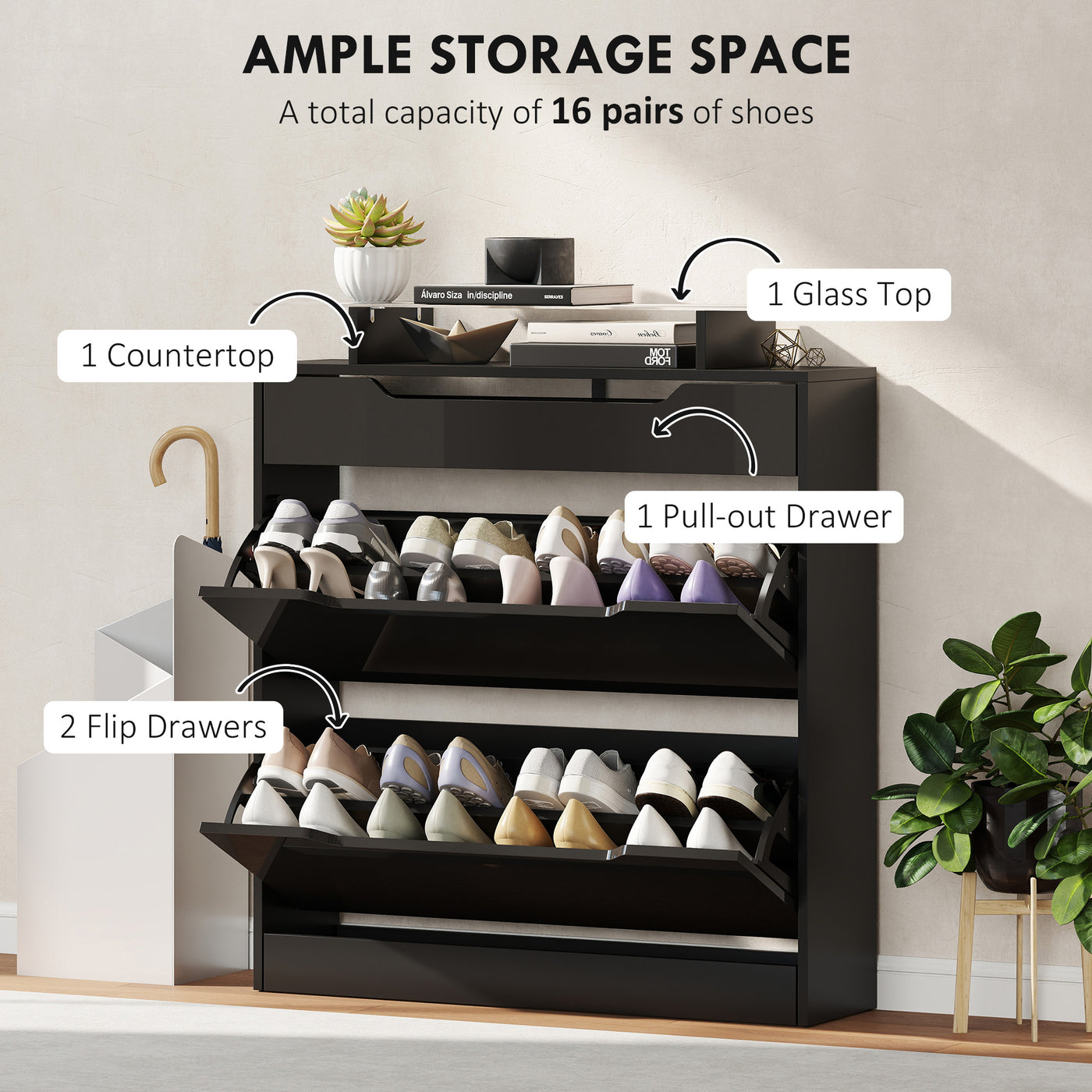 High Gloss Shoe Cabinet with 2 Flip Drawers and Adjustable Shelves, Narrow Shoe Storage Cabinet with Glass Top, Black