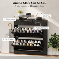 High Gloss Shoe Cabinet with 2 Flip Drawers and Adjustable Shelves, Narrow Shoe Storage Cabinet with Glass Top, Black