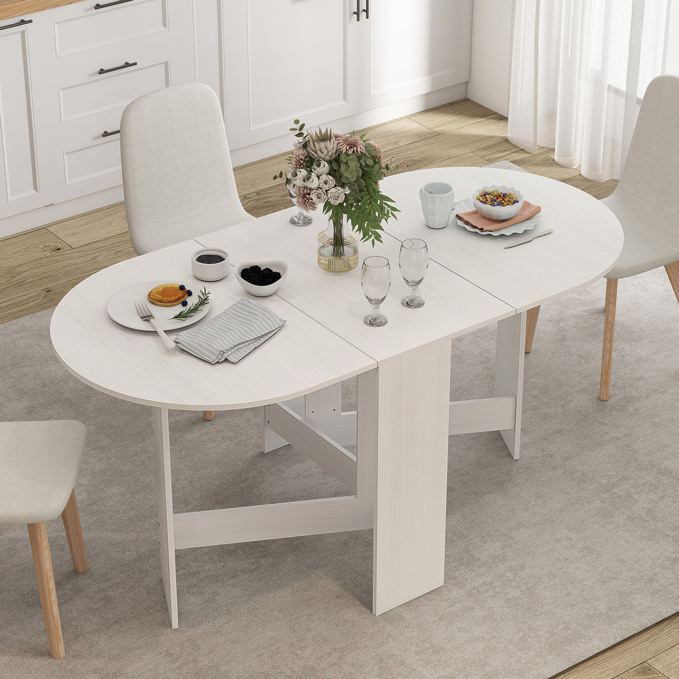 Oval Folding Dining Table, Space Saving Drop Leaf Kitchen Table for Dining Room, Living Room, Distressed White