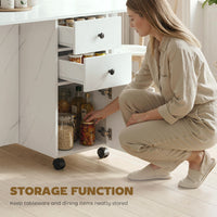 Drop Leaf Dining Table, Mobile Folding Table on Wheels with Drawers and Cabinet for Dining Room, Kitchen, Marble White