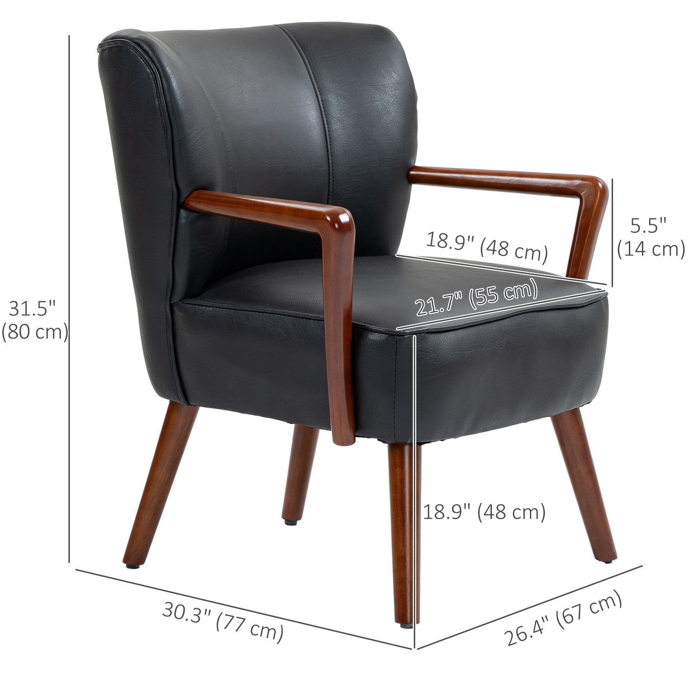 Accent Chair, Modern Armchair, Faux Leather Upholstered Living Room Chair with Wood Legs and Wide Padded Seat, Black