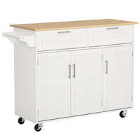 48" Kitchen Island with Storage and Solid Wood Top, Rolling Kitchen Cart on Wheels with 2 Storage Drawers, 3 Doors and Towel Rack for Dining Room, White