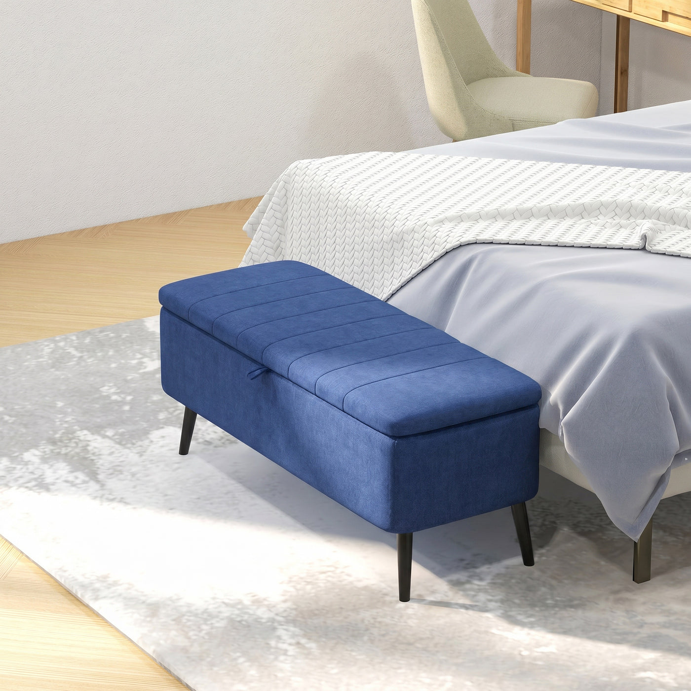 40" Ottoman with Storage, Linen Upholstered Storage Ottoman Bench with Steel Legs for Living Room, Bedroom Dark Blue