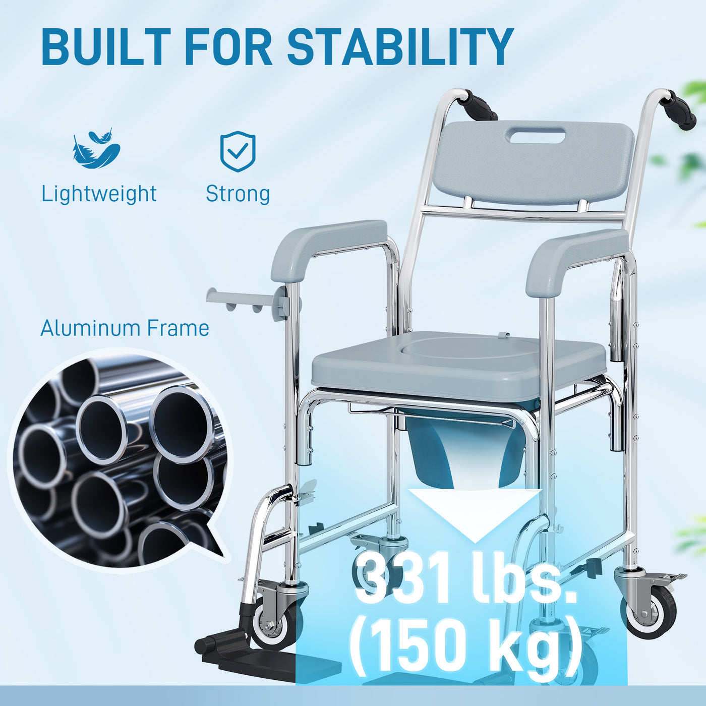Rolling Shower Chair, Bedside Commode Chair with Wheels, Backrest, Arms, Flip Footrests for Seniors, Disabled, Grey